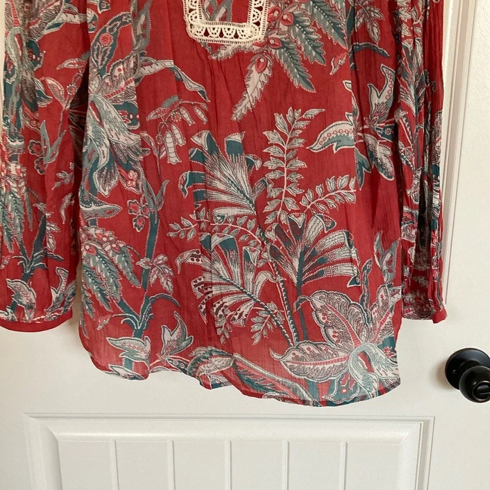 LOFT Women's Floral Cotton Boho Top Size Large Red Teal Lightweight Summer - Picture 4 of 11